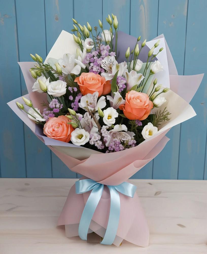 Букет цветов из: Лизиантусы, Розы, Альстромерии и Гипсофила в Дединово